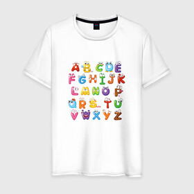 Мужская футболка хлопок с принтом Английский Алфавит в Тюмени, 100% хлопок | прямой крой, круглый вырез горловины, длина до линии бедер, слегка спущенное плечо. | алфавит | английский алфавит | буквы | буквы с глазами | красочные буквы | персонажи