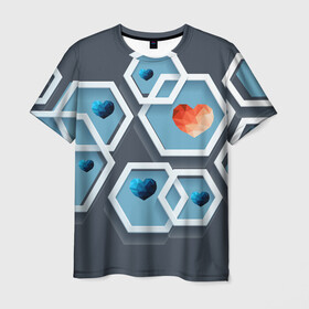 Мужская футболка 3D с принтом hot heart в Тюмени, 100% полиэфир | прямой крой, круглый вырез горловины, длина до линии бедер | Тематика изображения на принте: авторские коллекции | геометрия | сердце | фигуры | шестиугольник