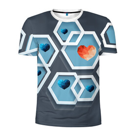 Мужская футболка 3D спортивная с принтом hot heart в Тюмени, 100% полиэстер с улучшенными характеристиками | приталенный силуэт, круглая горловина, широкие плечи, сужается к линии бедра | Тематика изображения на принте: авторские коллекции | геометрия | сердце | фигуры | шестиугольник