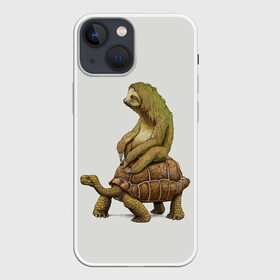 Чехол для iPhone 13 mini с принтом Тише едешь... А впрочем... в Тюмени,  |  | animal | land | road | sloth | speed | travel | turtle | walk | way | дорога | животные | запредельная | ленивец | неспешная | поездка | прогулка | путь | родео | скорость | сухопутная | черепаха