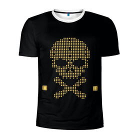 Мужская футболка 3D спортивная с принтом Пиратский через из золота в Тюмени, 100% полиэстер с улучшенными характеристиками | приталенный силуэт, круглая горловина, широкие плечи, сужается к линии бедра | Тематика изображения на принте: hell | skull | ад | скелет | ужасы | череп | черепушка