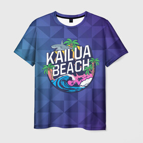 Мужская футболка 3D с принтом KAILUA BEACH в Тюмени, 100% полиэфир | прямой крой, круглый вырез горловины, длина до линии бедер | kailua | акула | закат | море | отдых | отпуск | пальмы | пляж