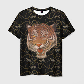 Мужская футболка 3D с принтом Морда тигра в Тюмени, 100% полиэфир | прямой крой, круглый вырез горловины, длина до линии бедер | большая кошка | полосатый | тигр | тигрица | хищник