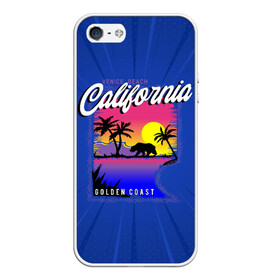 Чехол для iPhone 5/5S матовый с принтом California golden coast в Тюмени, Силикон | Область печати: задняя сторона чехла, без боковых панелей | california | golden coast | гризли | закат | калифорния | медведь | пальмы | природа
