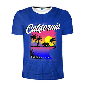 Мужская футболка 3D спортивная с принтом California golden coast в Тюмени, 100% полиэстер с улучшенными характеристиками | приталенный силуэт, круглая горловина, широкие плечи, сужается к линии бедра | california | golden coast | гризли | закат | калифорния | медведь | пальмы | природа