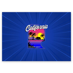 Поздравительная открытка с принтом California golden coast в Тюмени, 100% бумага | плотность бумаги 280 г/м2, матовая, на обратной стороне линовка и место для марки
 | california | golden coast | гризли | закат | калифорния | медведь | пальмы | природа