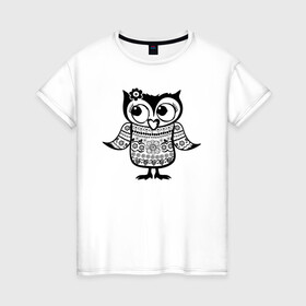 Женская футболка хлопок с принтом Сова в свитере в Тюмени, 100% хлопок | прямой крой, круглый вырез горловины, длина до линии бедер, слегка спущенное плечо | owl | owls | сова | совушка | совы | филин | фраза | юмор