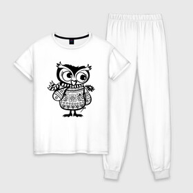 Женская пижама хлопок с принтом Сова с цветком в Тюмени, 100% хлопок | брюки и футболка прямого кроя, без карманов, на брюках мягкая резинка на поясе и по низу штанин | owl | owls | сова | совушка | совы | филин | фраза | юмор