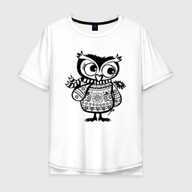 Мужская футболка хлопок Oversize с принтом Сова с цветком в Тюмени, 100% хлопок | свободный крой, круглый ворот, “спинка” длиннее передней части | owl | owls | сова | совушка | совы | филин | фраза | юмор