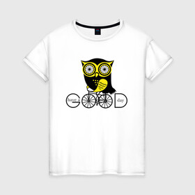 Женская футболка хлопок с принтом Сова на велосипеде в Тюмени, 100% хлопок | прямой крой, круглый вырез горловины, длина до линии бедер, слегка спущенное плечо | owl | owls | сова | совушка | совы | филин | фраза | юмор