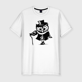 Мужская футболка хлопок Slim с принтом Сова с тростью в Тюмени, 92% хлопок, 8% лайкра | приталенный силуэт, круглый вырез ворота, длина до линии бедра, короткий рукав | owl | owls | сова | совушка | совы | филин | фраза | юмор