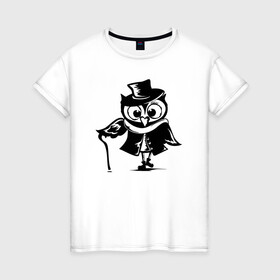 Женская футболка хлопок с принтом Сова с тростью в Тюмени, 100% хлопок | прямой крой, круглый вырез горловины, длина до линии бедер, слегка спущенное плечо | owl | owls | сова | совушка | совы | филин | фраза | юмор