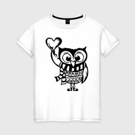 Женская футболка хлопок с принтом Сова с сердцем в Тюмени, 100% хлопок | прямой крой, круглый вырез горловины, длина до линии бедер, слегка спущенное плечо | owl | owls | сова | совушка | совы | филин | фраза | юмор