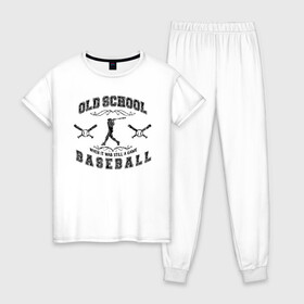 Женская пижама хлопок с принтом OLD SCHOOL BASEBALL в Тюмени, 100% хлопок | брюки и футболка прямого кроя, без карманов, на брюках мягкая резинка на поясе и по низу штанин | baseball | old school | old school baseball | арнамент | бейсбол | бейсболист | бейсбольная бита | бейсбольный мяч | бита | игра | командная игра | мяч | спорт | старая школа | старая школа бейсбола | фракталы
