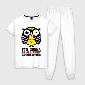 Женская пижама хлопок с принтом Никакущая сова в Тюмени, 100% хлопок | брюки и футболка прямого кроя, без карманов, на брюках мягкая резинка на поясе и по низу штанин | owl | owls | сова | совушка | совы | филин | фраза | юмор