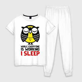 Женская пижама хлопок с принтом Сова. Сплю, когда ты на работе в Тюмени, 100% хлопок | брюки и футболка прямого кроя, без карманов, на брюках мягкая резинка на поясе и по низу штанин | owl | owls | сова | совушка | совы | филин | фраза | юмор