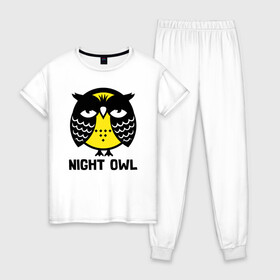 Женская пижама хлопок с принтом Ночная сова в Тюмени, 100% хлопок | брюки и футболка прямого кроя, без карманов, на брюках мягкая резинка на поясе и по низу штанин | owl | owls | сова | совушка | совы | филин | фраза | юмор