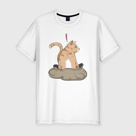 Мужская футболка хлопок Slim с принтом Кот в мешке в Тюмени, 92% хлопок, 8% лайкра | приталенный силуэт, круглый вырез ворота, длина до линии бедра, короткий рукав | Тематика изображения на принте: cat | кот в мешке | кот из мема | рыжий котик | удивленный кошак
