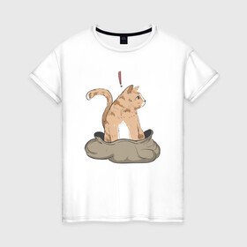 Женская футболка хлопок с принтом Кот в мешке в Тюмени, 100% хлопок | прямой крой, круглый вырез горловины, длина до линии бедер, слегка спущенное плечо | cat | кот в мешке | кот из мема | рыжий котик | удивленный кошак