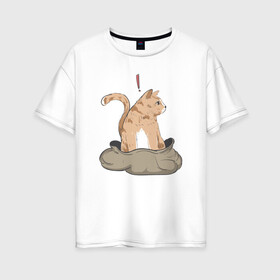 Женская футболка хлопок Oversize с принтом Кот в мешке в Тюмени, 100% хлопок | свободный крой, круглый ворот, спущенный рукав, длина до линии бедер
 | cat | кот в мешке | кот из мема | рыжий котик | удивленный кошак