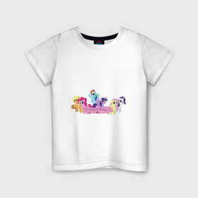 Детская футболка хлопок с принтом My Little Pony Happy Birthday в Тюмени, 100% хлопок | круглый вырез горловины, полуприлегающий силуэт, длина до линии бедер | applejack | friendship | mylittlepony | rainbow dash | twilight sparkle | waifu | вайфу | дружба это магия | друзья | кони | моя маленькая пони | мультфильм | пони | радуга | ренбоу деш | эплджек