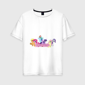 Женская футболка хлопок Oversize с принтом My Little Pony Happy Birthday в Тюмени, 100% хлопок | свободный крой, круглый ворот, спущенный рукав, длина до линии бедер
 | applejack | friendship | mylittlepony | rainbow dash | twilight sparkle | waifu | вайфу | дружба это магия | друзья | кони | моя маленькая пони | мультфильм | пони | радуга | ренбоу деш | эплджек
