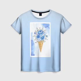 Женская футболка 3D с принтом Цветочный холодок в Тюмени, 100% полиэфир ( синтетическое хлопкоподобное полотно) | прямой крой, круглый вырез горловины, длина до линии бедер | градиент | мороженое | мрамор | облака | рожок | розы | цветы