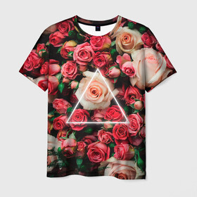 Мужская футболка 3D с принтом ROSE NEON | РОЗЫ НЕОН в Тюмени, 100% полиэфир | прямой крой, круглый вырез горловины, длина до линии бедер | rose | женская | любовь | молодежь | мужская | неон | розы | свобода