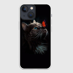Чехол для iPhone 13 mini с принтом Котик и бабочка в Тюмени,  |  | Тематика изображения на принте: бабочка | бабочка на носу | животные | кот | котенок | кошка