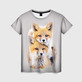 Женская футболка 3D с принтом Лисята в Тюмени, 100% полиэфир ( синтетическое хлопкоподобное полотно) | прямой крой, круглый вырез горловины, длина до линии бедер | детеныши | животные | лиса | лисенок | лисичка | лисята | природа | рыжая