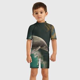 Детский купальный костюм 3D с принтом Дельфин в облаках в Тюмени, Полиэстер 85%, Спандекс 15% | застежка на молнии на спине | дельфин | облака | плавник | полет | свобода
