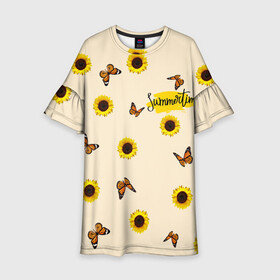 Детское платье 3D с принтом Butterflies and sunflowers в Тюмени, 100% полиэстер | прямой силуэт, чуть расширенный к низу. Круглая горловина, на рукавах — воланы | Тематика изображения на принте: butterfly | summer | sunflower | бабочки | лето | насекомые | подсолнух | цветы