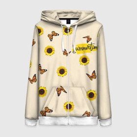 Женская толстовка 3D на молнии с принтом Butterflies and sunflowers в Тюмени, 100% полиэстер | длина до линии бедра, манжеты и пояс оформлены мягкой тканевой резинкой, двухслойный капюшон со шнурком для регулировки, спереди молния, по бокам два кармана | butterfly | summer | sunflower | бабочки | лето | насекомые | подсолнух | цветы
