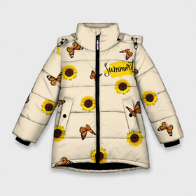 Зимняя куртка для девочек 3D с принтом Butterflies and sunflowers в Тюмени, ткань верха — 100% полиэстер; подклад — 100% полиэстер, утеплитель — 100% полиэстер. | длина ниже бедра, удлиненная спинка, воротник стойка и отстегивающийся капюшон. Есть боковые карманы с листочкой на кнопках, утяжки по низу изделия и внутренний карман на молнии. 

Предусмотрены светоотражающий принт на спинке, радужный светоотражающий элемент на пуллере молнии и на резинке для утяжки. | butterfly | summer | sunflower | бабочки | лето | насекомые | подсолнух | цветы