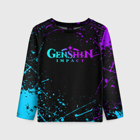 Детский лонгслив 3D с принтом GENSHIN IMPACT NEON LOGO в Тюмени, 100% полиэстер | длинные рукава, круглый вырез горловины, полуприлегающий силуэт
 | amber | anime | genshin impact | girl | jean | lisa | paimon | xiao | zelda | анемо | аниме | геншен импакт | геншин импакт | геншин эмпакт | геншинимпакт | девушка | игры | кли | лиза | паймон | пеймон | персонажи | сяо | тян