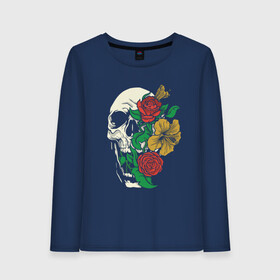 Женский лонгслив хлопок с принтом Floral Roses Skull  в Тюмени, 100% хлопок |  | bones | cranium | flower | flowers | gothic | merch | rose | skeleton | skull merch | tattoo | букет | готика | кости | мерч | мистика | рисунок черепа | роза | розы | скелет | татуировка | ужасы | флора | цветы | чайные розы | череп | черепа с