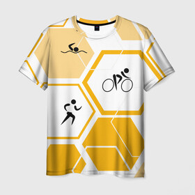 Мужская футболка 3D с принтом Триатлон / Triathlon в Тюмени, 100% полиэфир | прямой крой, круглый вырез горловины, длина до линии бедер | Тематика изображения на принте: ironman | tri | triathlon | бег | велосипед | велоспорт | выносливость | мультиспорт | плавание | сила | скорость | соты | спорт | три | триатлон | троеборье | цикличный