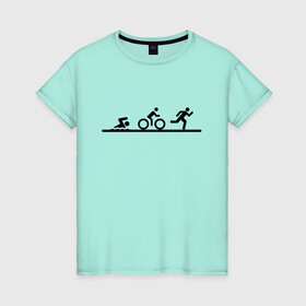 Женская футболка хлопок с принтом Троеборье в Тюмени, 100% хлопок | прямой крой, круглый вырез горловины, длина до линии бедер, слегка спущенное плечо | ironman | tri | triathlon | бег | велосипед | велоспорт | выносливость | мультиспорт | плавание | сила | скорость | спорт | три | триатлон | троеборье | цикличный