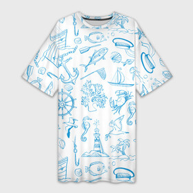 Платье-футболка 3D с принтом Морская тема в Тюмени,  |  | бескозырка | корабль | кораллы | краб | лодка | маяк | море | морская звезда | морская тема | морской набор | океан | отпуск | пальмы | парусник | приключение | путешествие | рыболовный крючок | рыбы