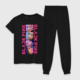 Женская пижама хлопок с принтом BLACKPINK Neon в Тюмени, 100% хлопок | брюки и футболка прямого кроя, без карманов, на брюках мягкая резинка на поясе и по низу штанин | black | blackpink | chae | jennie | jisoo | kim | kpop | lalisa | lisa | manoban | neon | park | pink | rose | young | дженни | джису | ён | ким | лалиса | лиса | манобан | неон | пак | розэ | че