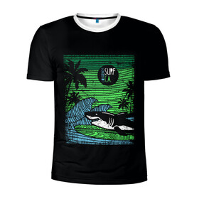 Мужская футболка 3D спортивная с принтом Surf shark в Тюмени, 100% полиэстер с улучшенными характеристиками | приталенный силуэт, круглая горловина, широкие плечи, сужается к линии бедра | shark | акула | вода | море | океан | остров | отпуск | пальмы | серфинг