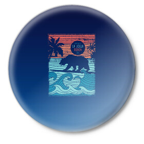 Значок с принтом Медведь на серфинге в Тюмени,  металл | круглая форма, металлическая застежка в виде булавки | волны | закат | медведь | море | океан | отдых | отпуск | пальмы | серфинг
