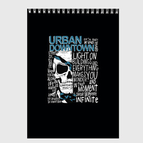 Скетчбук с принтом URBAN Downtown в Тюмени, 100% бумага
 | 48 листов, плотность листов — 100 г/м2, плотность картонной обложки — 250 г/м2. Листы скреплены сверху удобной пружинной спиралью | hell | skull | ад | скелет | ужасы | череп | черепушка