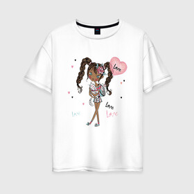 Женская футболка хлопок Oversize с принтом Милая Лола с котиком и шариком в Тюмени, 100% хлопок | свободный крой, круглый ворот, спущенный рукав, длина до линии бедер
 | девушка | косички | кот | лола | любовь | малышка | милашка | мультяшка | сердце | шарик
