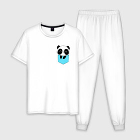 Мужская пижама хлопок с принтом Панда милашка в кармашке в Тюмени, 100% хлопок | брюки и футболка прямого кроя, без карманов, на брюках мягкая резинка на поясе и по низу штанин
 | Тематика изображения на принте: животное | карман | малышка | медведь | милашка