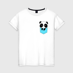 Женская футболка хлопок с принтом Панда милашка в кармашке в Тюмени, 100% хлопок | прямой крой, круглый вырез горловины, длина до линии бедер, слегка спущенное плечо | животное | карман | малышка | медведь | милашка
