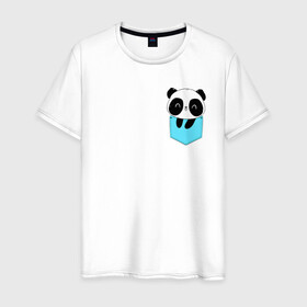 Мужская футболка хлопок с принтом Панда милашка в кармашке в Тюмени, 100% хлопок | прямой крой, круглый вырез горловины, длина до линии бедер, слегка спущенное плечо. | Тематика изображения на принте: животное | карман | малышка | медведь | милашка
