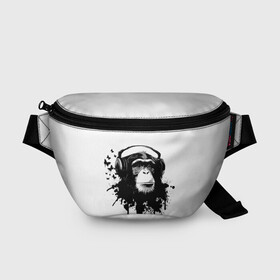 Поясная сумка 3D с принтом Обезьяна Меломан в Тюмени, 100% полиэстер | плотная ткань, ремень с регулируемой длиной, внутри несколько карманов для мелочей, основное отделение и карман с обратной стороны сумки застегиваются на молнию | black | blot | butterflies | chimpanzee | gorilla | headphones | ink | lover | monkey | music | sheet | white | бабочки | белое | горилла | клякса | меломан | музыка | наушники | ноты | обезьяна | спокойствие | умиротворение | чернила | черное