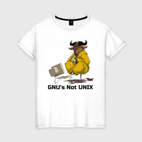 Женская футболка хлопок с принтом GNU’s Not UNIX в Тюмени, 100% хлопок | прямой крой, круглый вырез горловины, длина до линии бедер, слегка спущенное плечо | gnu | linux | not unix | programming | гну | линукс | программист | сисадмин | системный администратор
