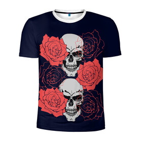 Мужская футболка 3D спортивная с принтом Rose Skull в Тюмени, 100% полиэстер с улучшенными характеристиками | приталенный силуэт, круглая горловина, широкие плечи, сужается к линии бедра | flowers | роза | розы | скелет | цветы | череп | черепа